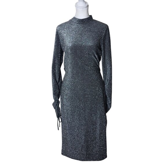 Topshop Black Silver Glitter Open Midi Cocktail Night Out Dress Size 6 - Picture 3 of 12
